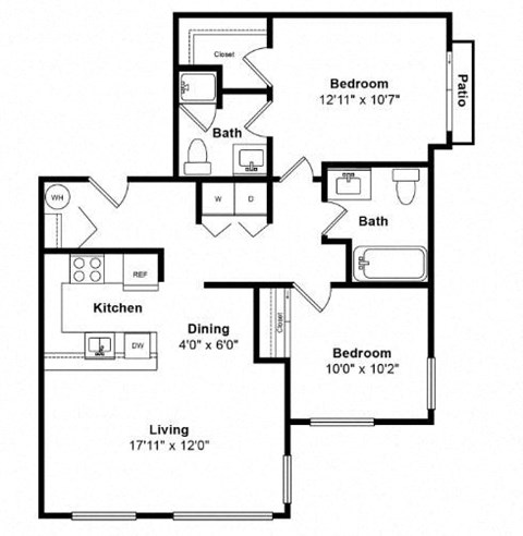 Floor plan for 2 beds, 2 baths, 912 sqft